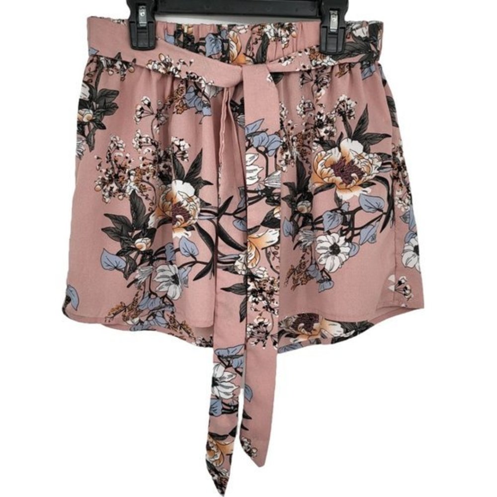 Shein Pink Floral Print Tie Front Shorts‎ Womens Size Large Stretchy Lightweight